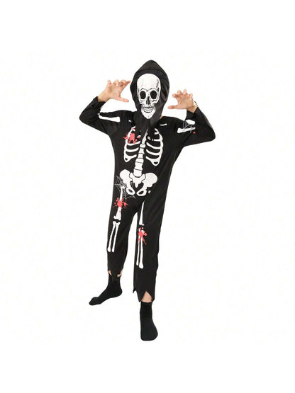 بدلة قفز بهيكل عظمي للأطفال من قطعتين من زي لعب الأدوار شبح هيكل عظمي مع غطاء للرأس