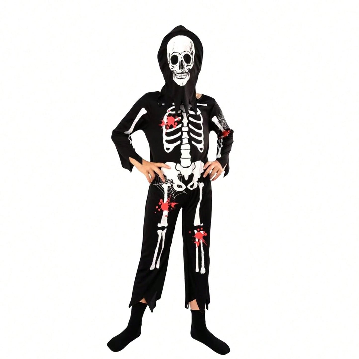بدلة قفز بهيكل عظمي للأطفال من قطعتين من زي لعب الأدوار شبح هيكل عظمي مع غطاء للرأس