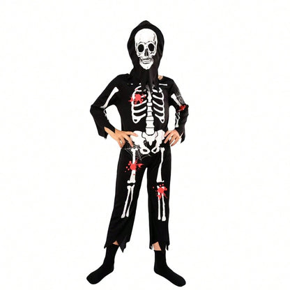بدلة قفز بهيكل عظمي للأطفال من قطعتين من زي لعب الأدوار شبح هيكل عظمي مع غطاء للرأس