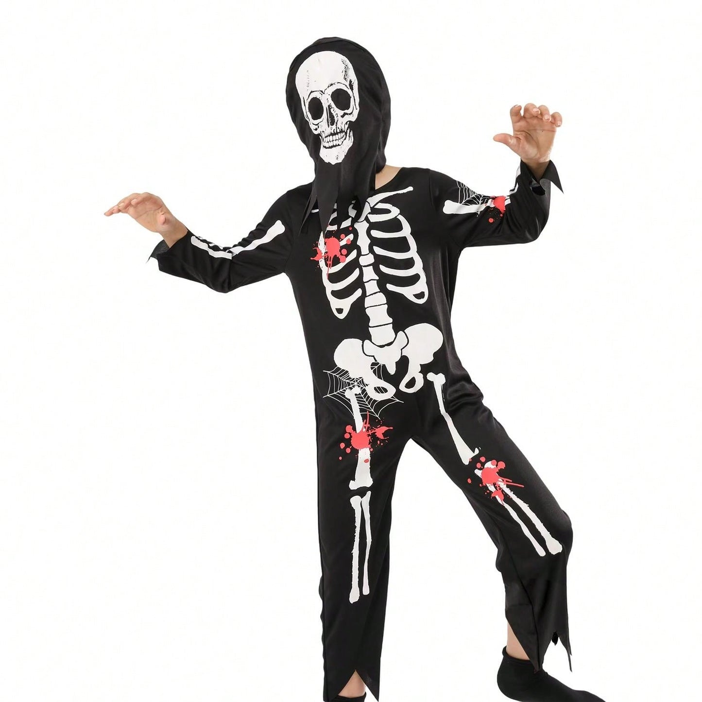 بدلة قفز بهيكل عظمي للأطفال من قطعتين من زي لعب الأدوار شبح هيكل عظمي مع غطاء للرأس