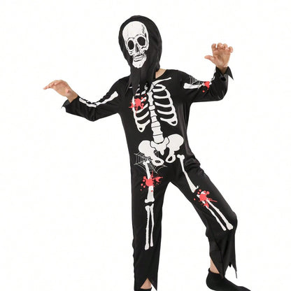 بدلة قفز بهيكل عظمي للأطفال من قطعتين من زي لعب الأدوار شبح هيكل عظمي مع غطاء للرأس