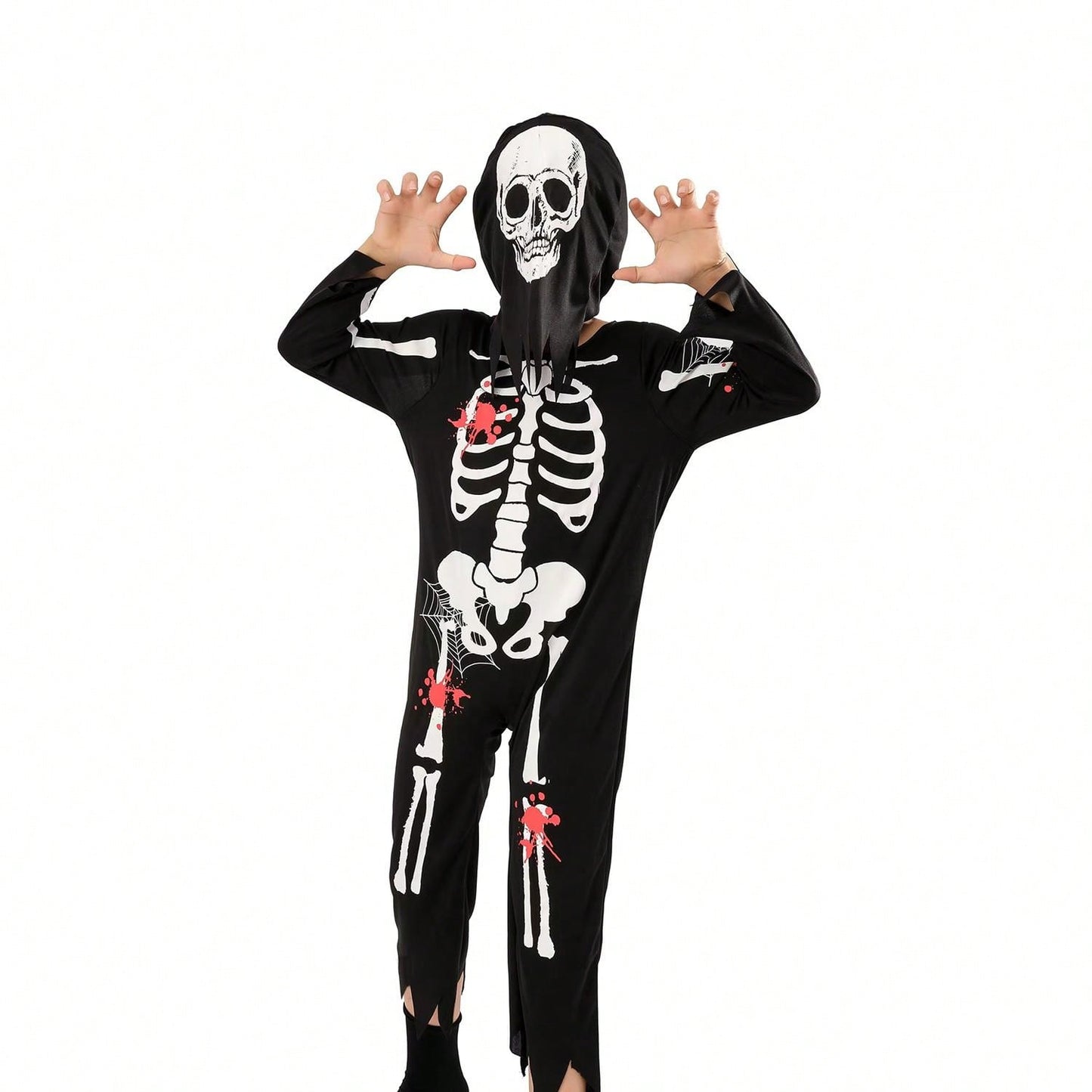 بدلة قفز بهيكل عظمي للأطفال من قطعتين من زي لعب الأدوار شبح هيكل عظمي مع غطاء للرأس