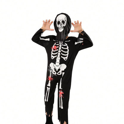 بدلة قفز بهيكل عظمي للأطفال من قطعتين من زي لعب الأدوار شبح هيكل عظمي مع غطاء للرأس
