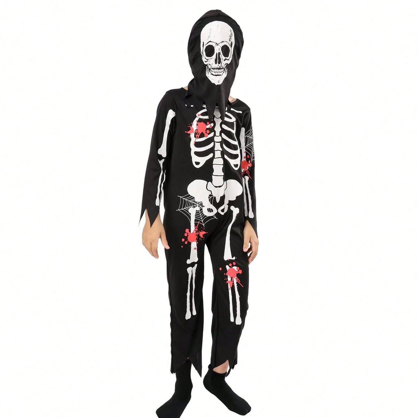 بدلة قفز بهيكل عظمي للأطفال من قطعتين من زي لعب الأدوار شبح هيكل عظمي مع غطاء للرأس