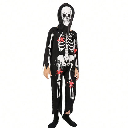 بدلة قفز بهيكل عظمي للأطفال من قطعتين من زي لعب الأدوار شبح هيكل عظمي مع غطاء للرأس