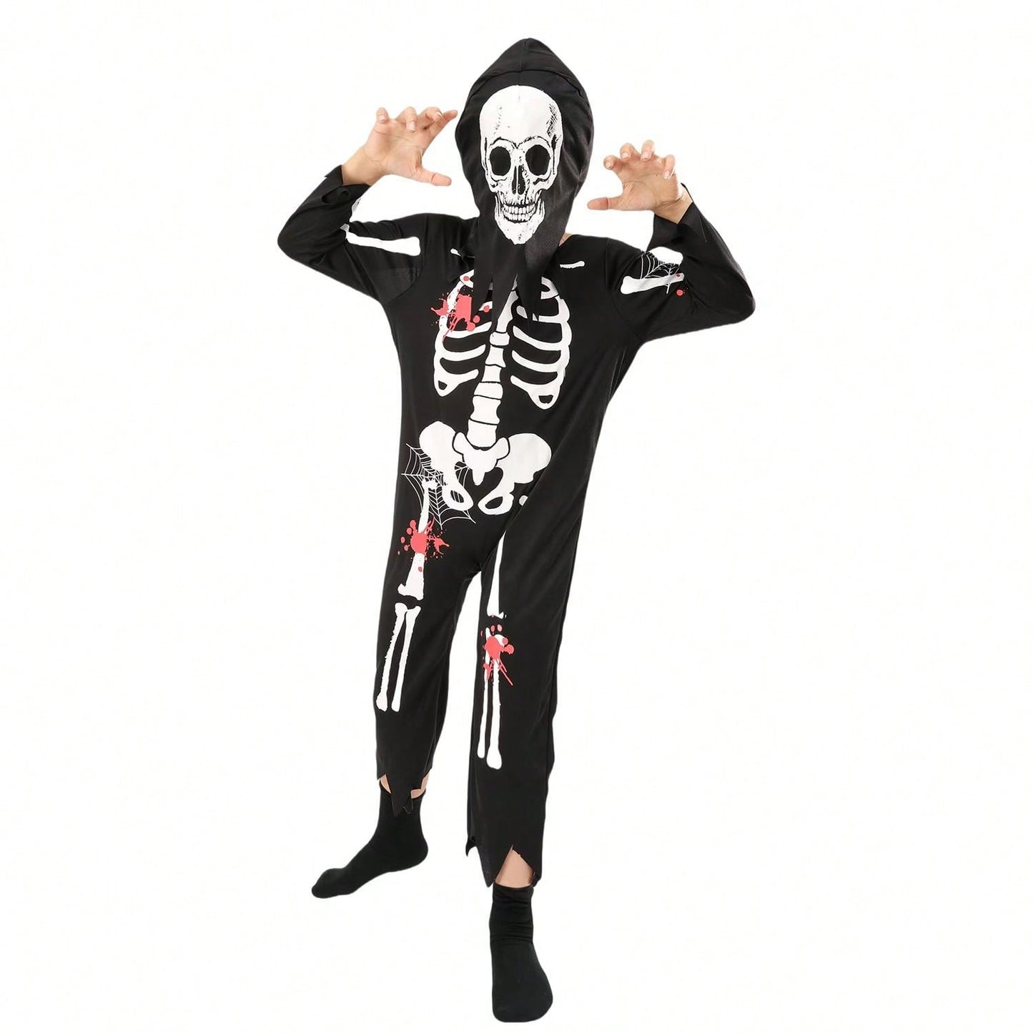 بدلة قفز بهيكل عظمي للأطفال من قطعتين من زي لعب الأدوار شبح هيكل عظمي مع غطاء للرأس