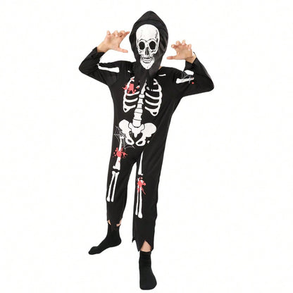 بدلة قفز بهيكل عظمي للأطفال من قطعتين من زي لعب الأدوار شبح هيكل عظمي مع غطاء للرأس
