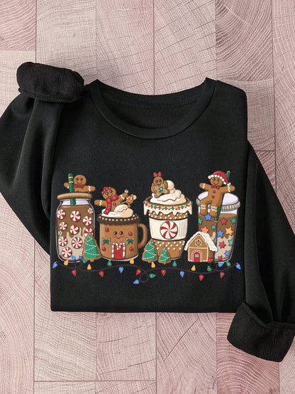 بلوزة طويلة الأكمام مطبوعة بالزنجبيل للنساء، بياقة مستديرة،