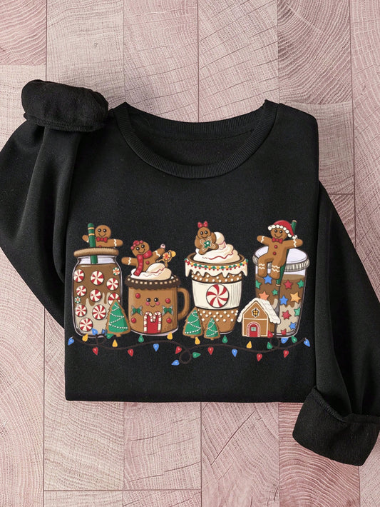 بلوزة طويلة الأكمام مطبوعة بالزنجبيل للنساء، بياقة مستديرة،