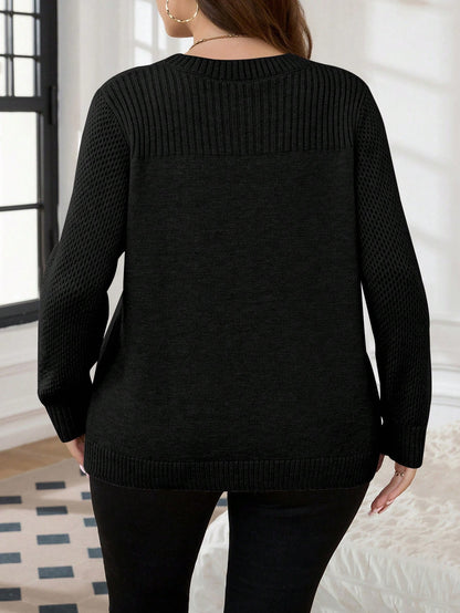 بلوزة محبوكة بياقة طاقم، أكمام طويلة، لون أحادي، مقاس كبير