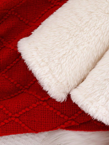 طقم فستان أحمر وجاكيت ذو فيونكة فرو للبنات الرضّع، 2 قطعة، للخريف/الشتاء، مناسب لعيد الميلاد