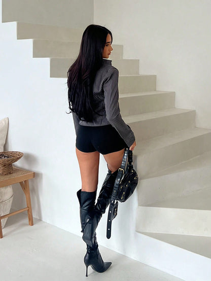 بوت بكعب عالٍ فوق الركبة ذات رأس مدبب مطاطية للنساء