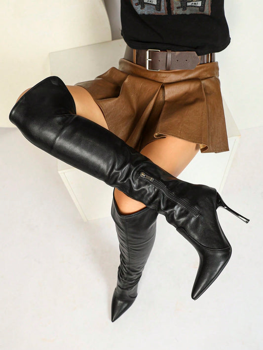 بوت بكعب عالٍ فوق الركبة ذات رأس مدبب مطاطية للنساء