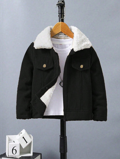 جاكيت بسيطة كم طويل طوق فرو صبي، لبس يومي عادي