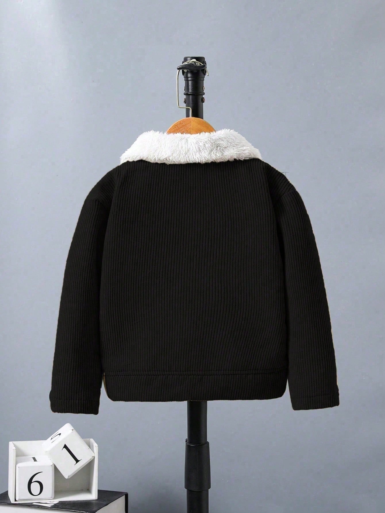 جاكيت بسيطة كم طويل طوق فرو صبي، لبس يومي عادي