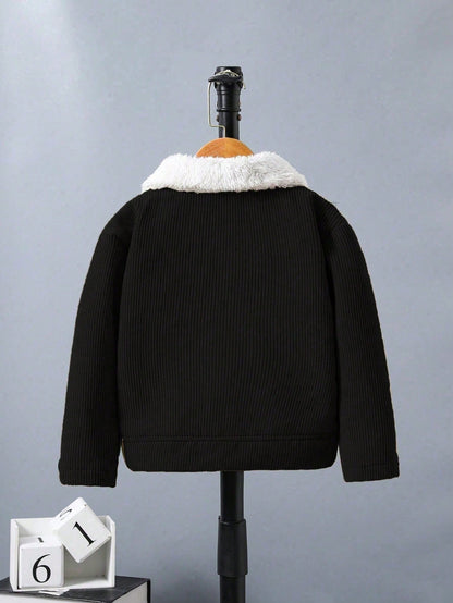 جاكيت بسيطة كم طويل طوق فرو صبي، لبس يومي عادي