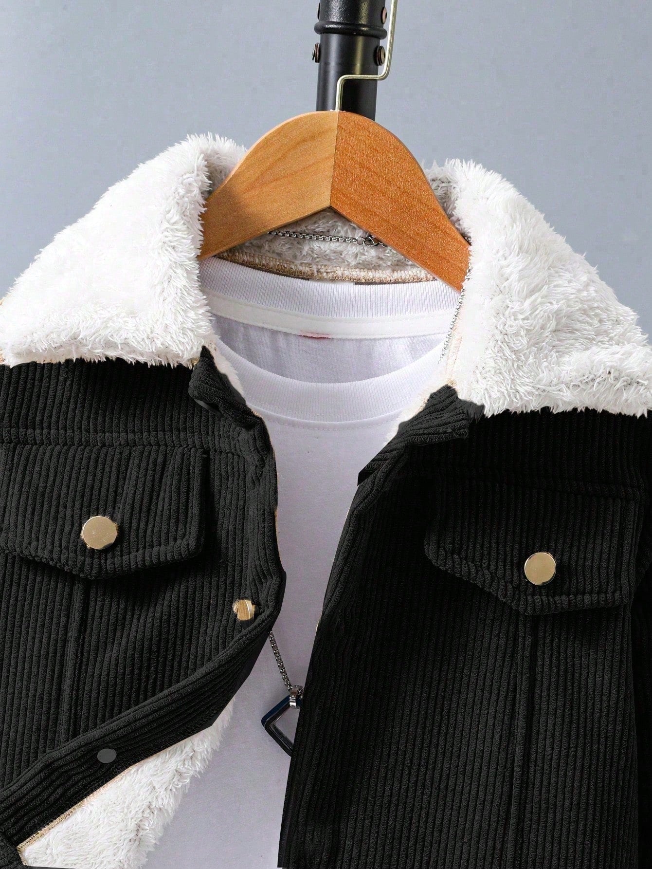 جاكيت بسيطة كم طويل طوق فرو صبي، لبس يومي عادي