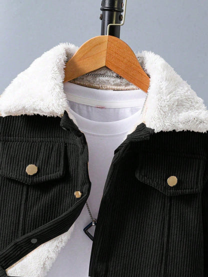 جاكيت بسيطة كم طويل طوق فرو صبي، لبس يومي عادي