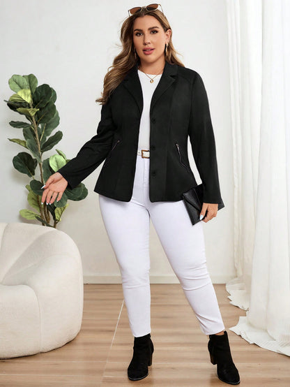 معطف طويل الأكمام بياقة متدلية وأزرار أمامية وجيوب، مناسب للارتداء اليومي مع الجيوب، مقاسات كبيرة