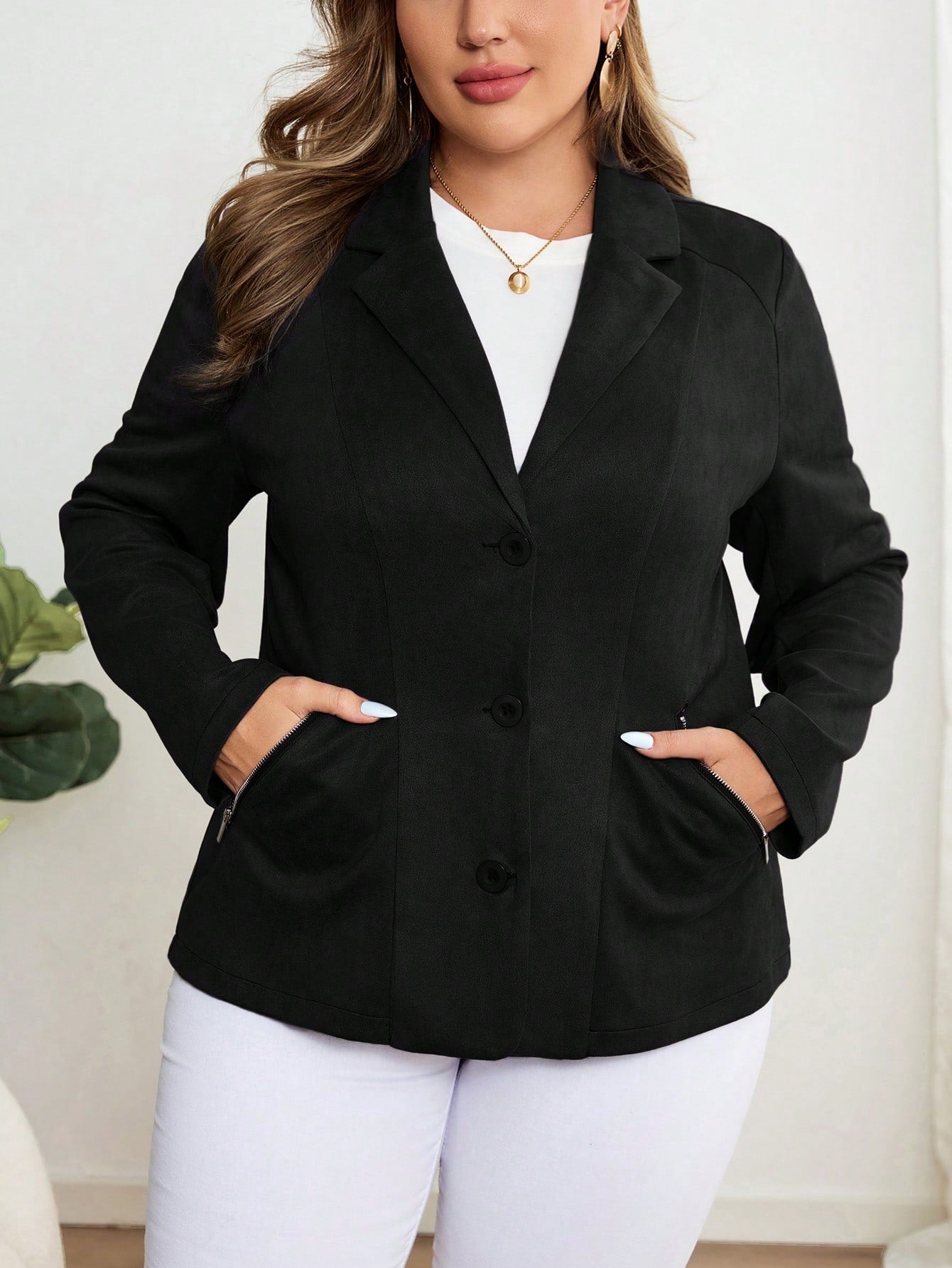 معطف طويل الأكمام بياقة متدلية وأزرار أمامية وجيوب، مناسب للارتداء اليومي مع الجيوب، مقاسات كبيرة