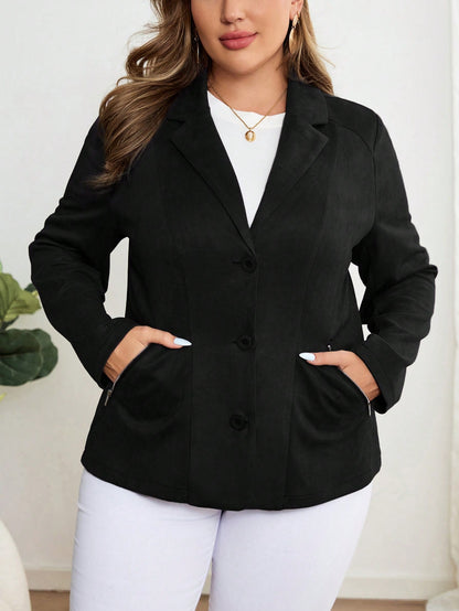 معطف طويل الأكمام بياقة متدلية وأزرار أمامية وجيوب، مناسب للارتداء اليومي مع الجيوب، مقاسات كبيرة