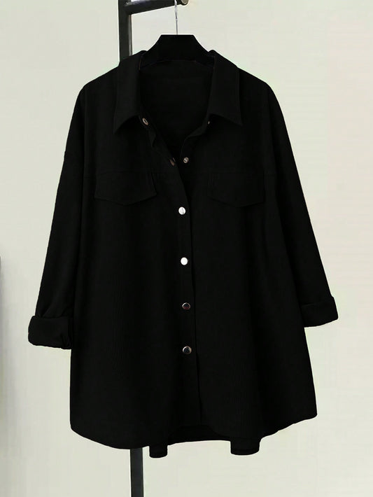 قميص كاجوال بأكمام طويلة فضفاض مصنوع من الكوردروي المناسب للاستخدام اليومي المريح للأحجام الكبيرة، موسم الخريف