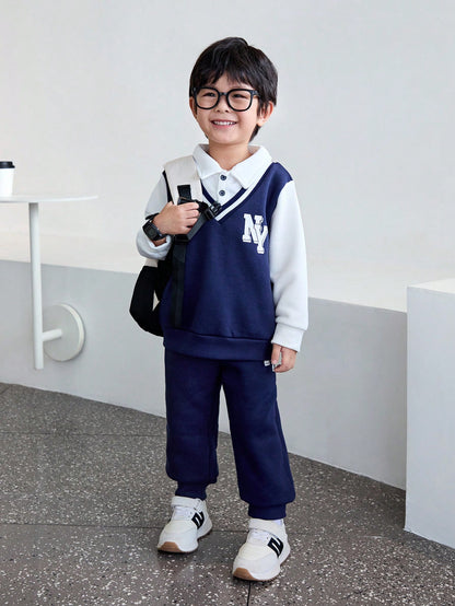 طقم قميص ثقيل بياقة وبنطلون من الفليس للشباب 2 قطعة, مُسمَّك