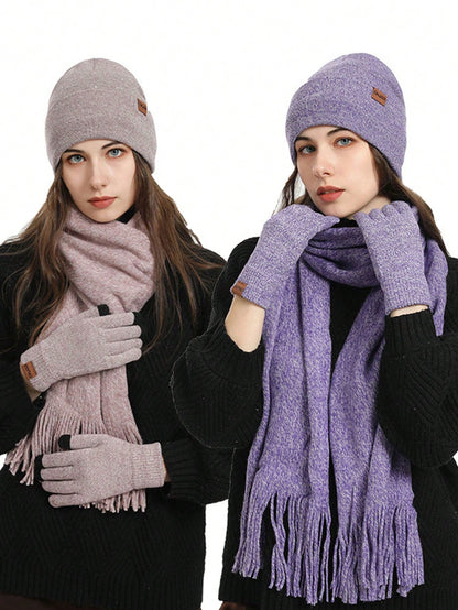 طقم من قبعة وشال وقفازات محبوكة بخطوط منسقة، مبطنة حرارياً للنساء، مناسب للدفء في الخارج