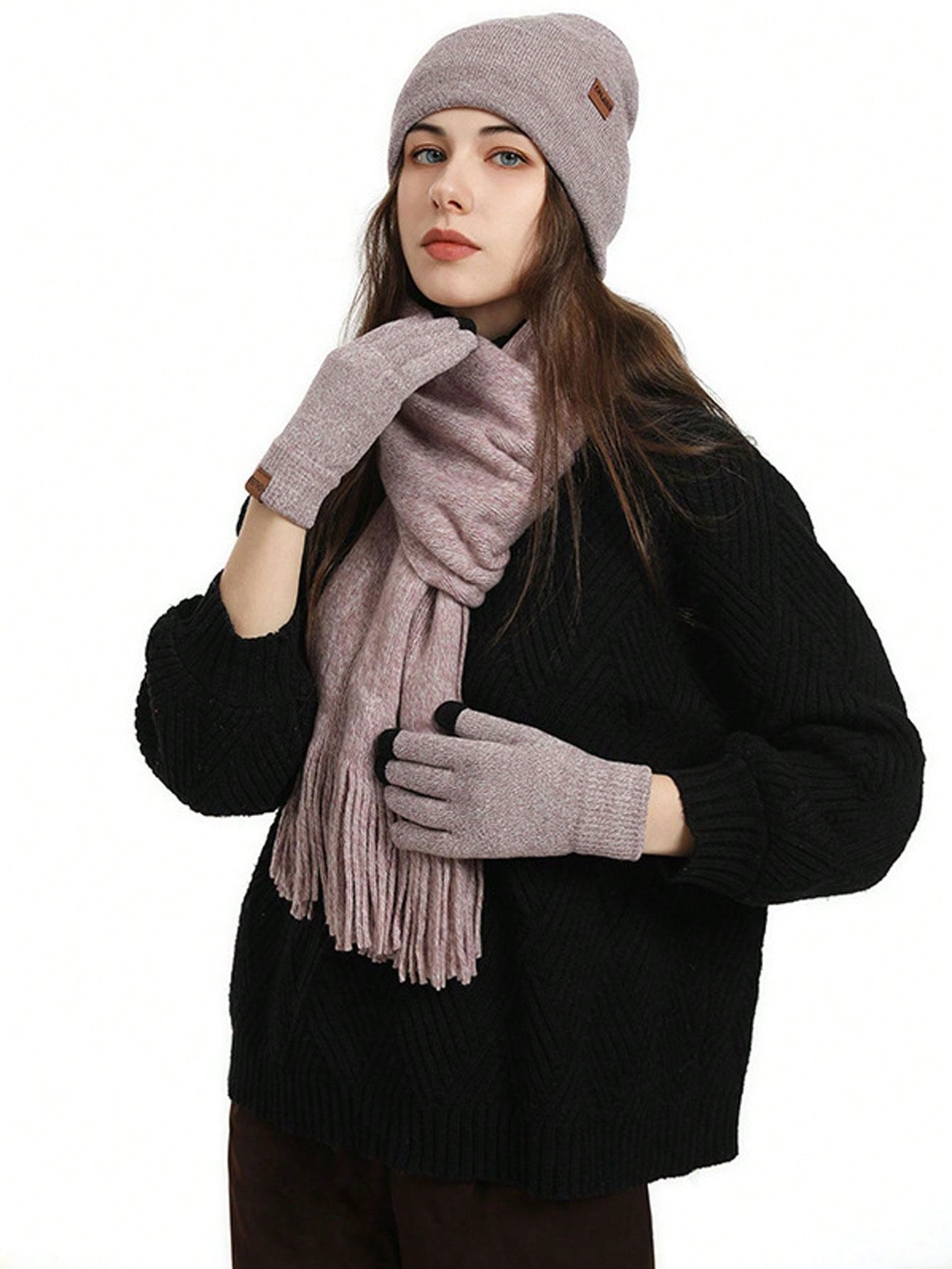 طقم من قبعة وشال وقفازات محبوكة بخطوط منسقة، مبطنة حرارياً للنساء، مناسب للدفء في الخارج