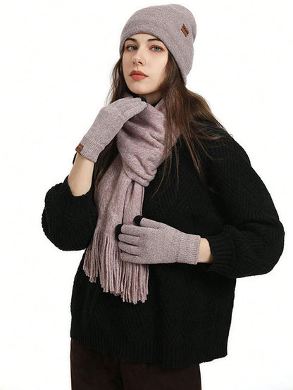 طقم من قبعة وشال وقفازات محبوكة بخطوط منسقة، مبطنة حرارياً للنساء، مناسب للدفء في الخارج