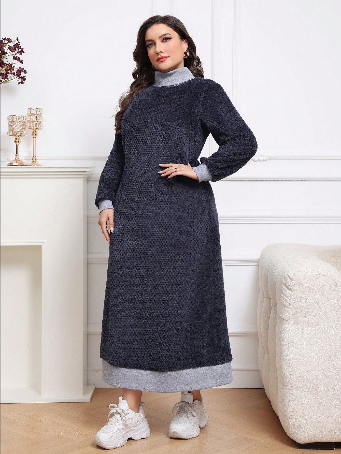 فستان رياضي فضفاض بياقة عالية متعدد الألوان للاستخدام اليومي المناسب للمقاسات الكبيرة