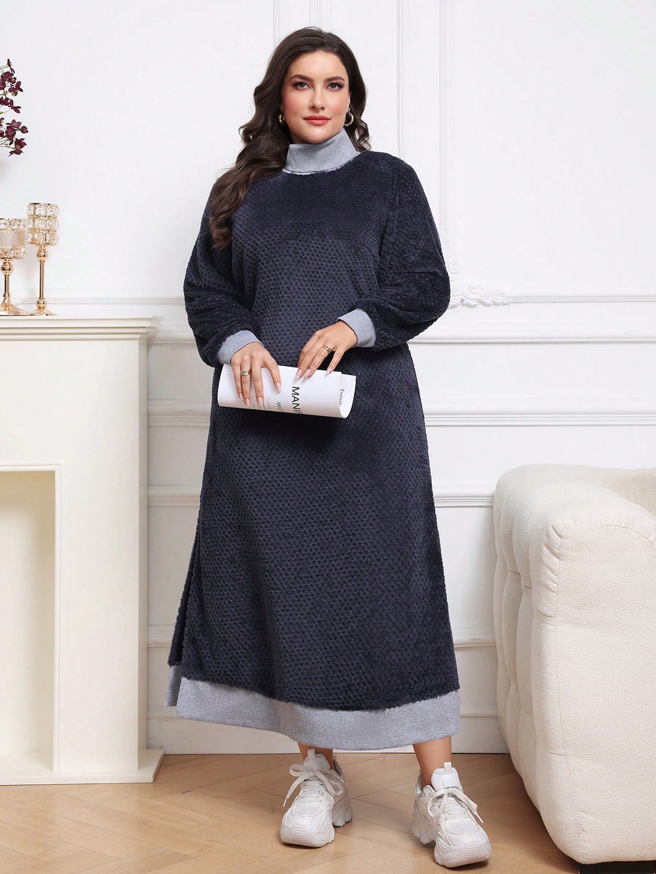 فستان رياضي فضفاض بياقة عالية متعدد الألوان للاستخدام اليومي المناسب للمقاسات الكبيرة