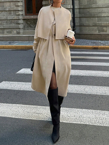 معطف ريح طويل السترة لون أساسي للنساء، للخريف