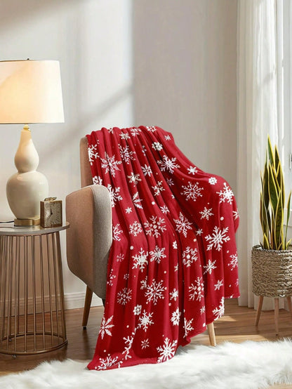 بطانية فانيلا ناعمة بنقشة ثلج عيد الميلاد الدافئة، باللون الأحمر والأبيض