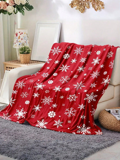 بطانية فانيلا ناعمة بنقشة ثلج عيد الميلاد الدافئة، باللون الأحمر والأبيض