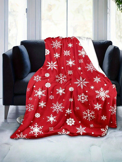 بطانية فانيلا ناعمة بنقشة ثلج عيد الميلاد الدافئة، باللون الأحمر والأبيض