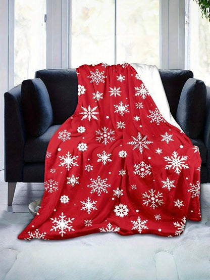 بطانية فانيلا ناعمة بنقشة ثلج عيد الميلاد الدافئة، باللون الأحمر والأبيض