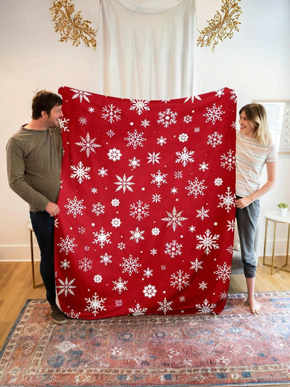 بطانية فانيلا ناعمة بنقشة ثلج عيد الميلاد الدافئة، باللون الأحمر والأبيض