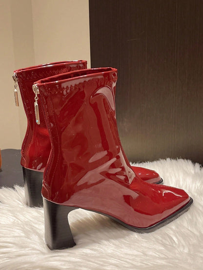 حذاء نسائي للكاحل بلون أحمر خمري، كعب سميك سميك ذو نعل سميك