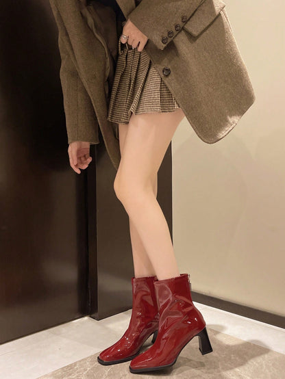 حذاء نسائي للكاحل بلون أحمر خمري، كعب سميك سميك ذو نعل سميك