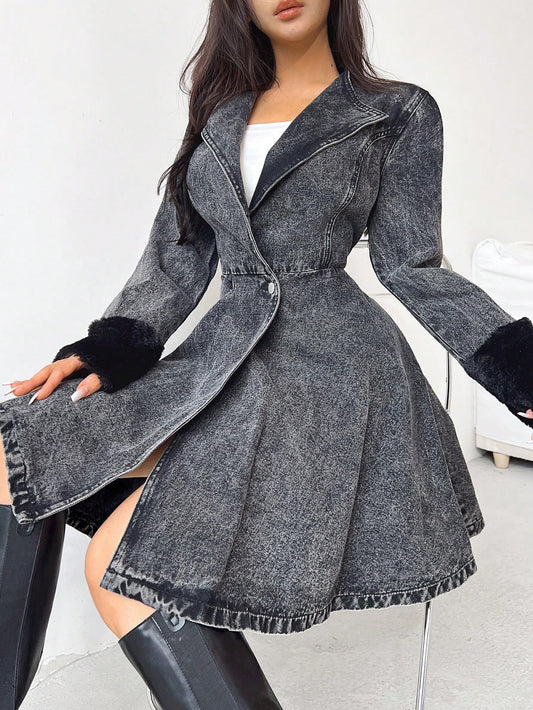 معطف وجاكيت جينز نسائي مع أكمام من الفرو الناعم، مبطن بقماش سميك