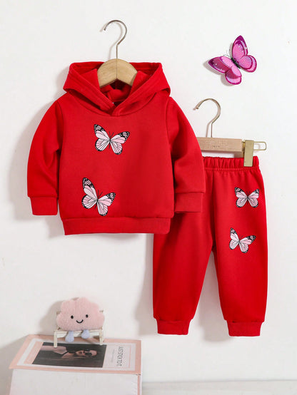 قطعتان/مجموعة سويت شيرت وسروال بقلنسوة كاجوال لطيف للفتيات الصغيرات بطبعة فراشة