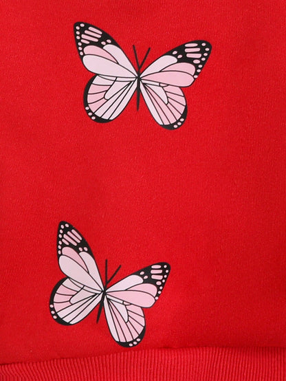 قطعتان/مجموعة سويت شيرت وسروال بقلنسوة كاجوال لطيف للفتيات الصغيرات بطبعة فراشة