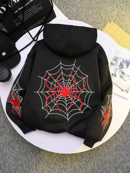 قميص ثقيل هودي بلون رمادي للمرأة المراهقة ذو نمط شبكة عنكبوتية لهالوين للخروجات اليومية في فصلي الخريف والشتاء