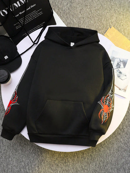 قميص ثقيل هودي بلون رمادي للمرأة المراهقة ذو نمط شبكة عنكبوتية لهالوين للخروجات اليومية في فصلي الخريف والشتاء