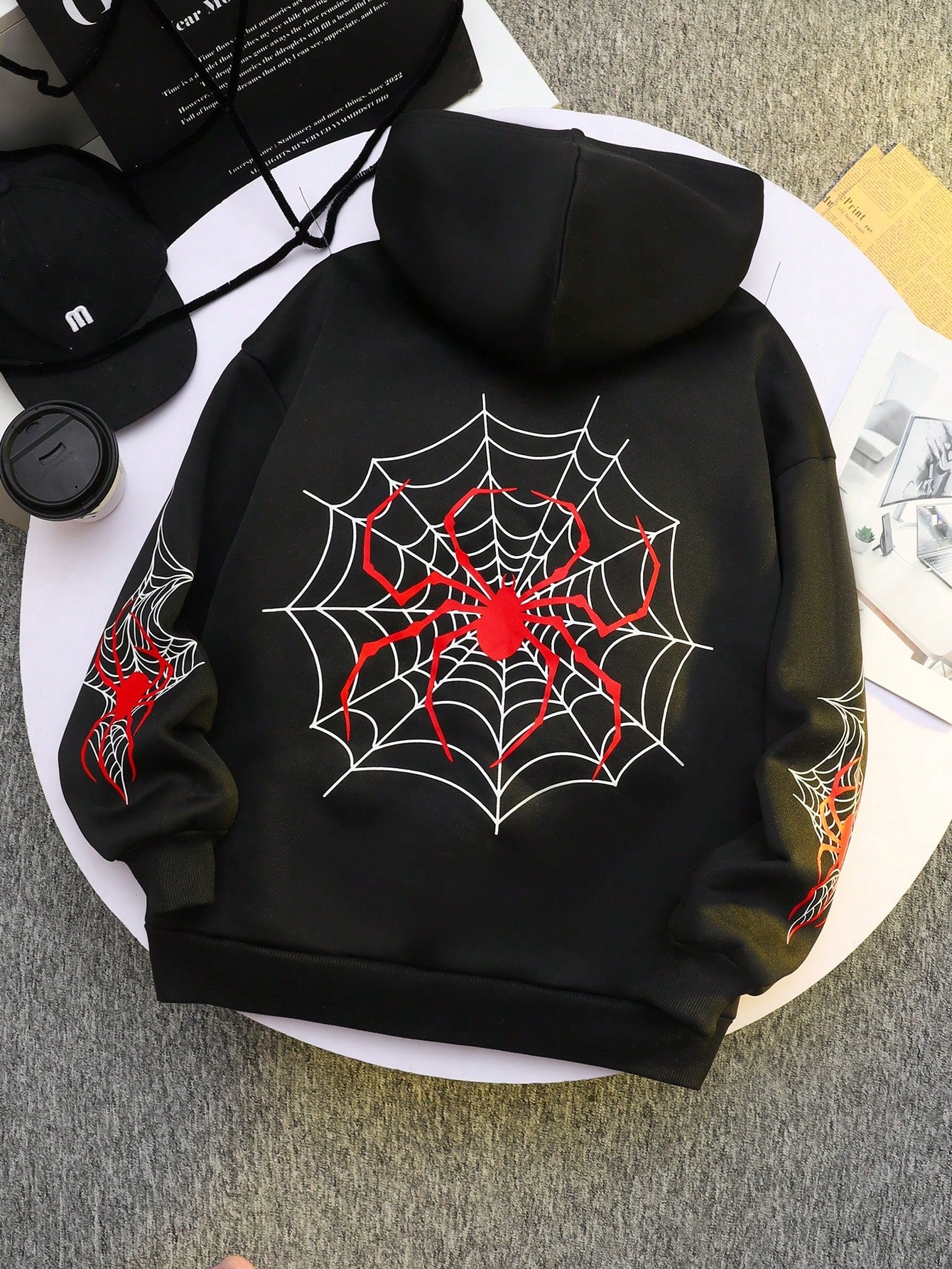 قميص ثقيل هودي بلون رمادي للمرأة المراهقة ذو نمط شبكة عنكبوتية لهالوين للخروجات اليومية في فصلي الخريف والشتاء