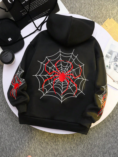 قميص ثقيل هودي بلون رمادي للمرأة المراهقة ذو نمط شبكة عنكبوتية لهالوين للخروجات اليومية في فصلي الخريف والشتاء