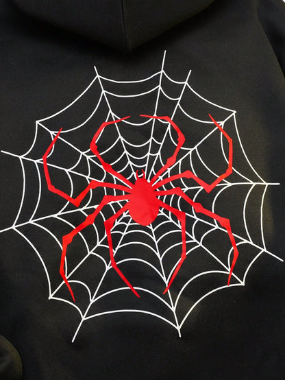 قميص ثقيل هودي بلون رمادي للمرأة المراهقة ذو نمط شبكة عنكبوتية لهالوين للخروجات اليومية في فصلي الخريف والشتاء