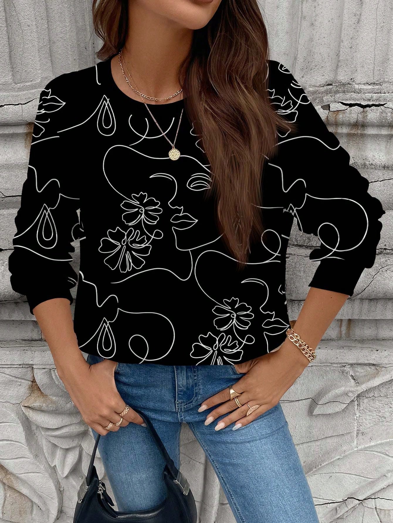 بلوزة رياضية كاجوال دائرية الرقبة سميكة اللباد مطبوعة برسومات خطوط بسيطة للنساء ،للموسم الانتقالي بين الخريف والشتاء