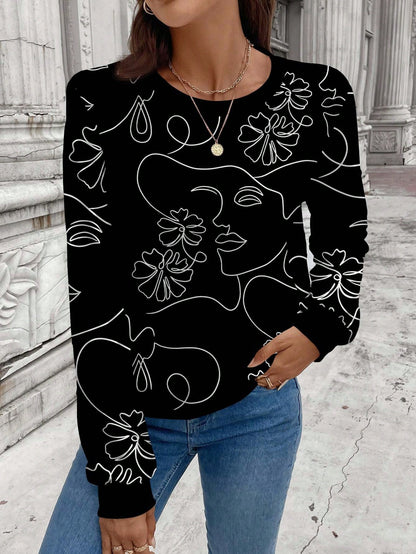 بلوزة رياضية كاجوال دائرية الرقبة سميكة اللباد مطبوعة برسومات خطوط بسيطة للنساء ،للموسم الانتقالي بين الخريف والشتاء